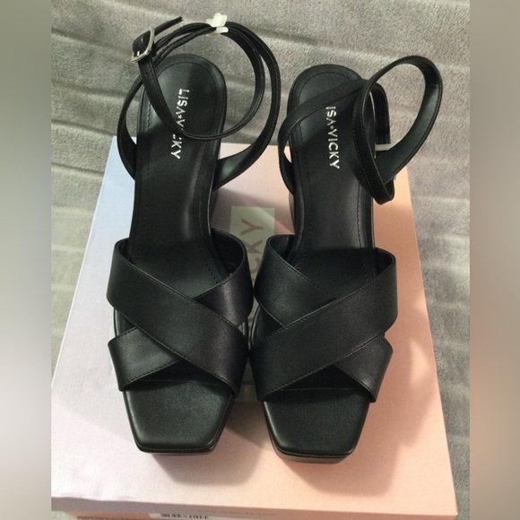 Lisa Vicky Jazz Black Leather Strappy Platform Block Heels Size 9 M - Picture 2 of 11